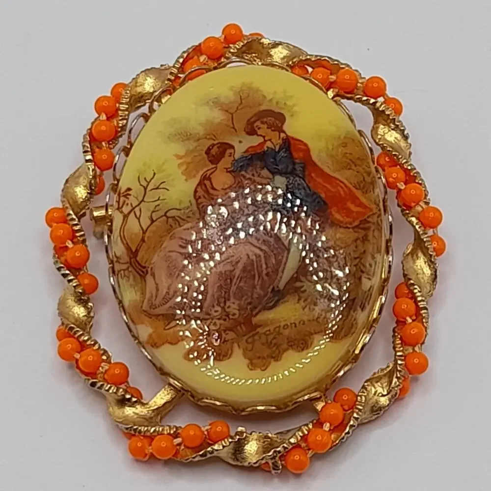 Vintage Romantic Scene Fragonard Style Brooch, Orange Bead Gold Frame, 2 Inches
